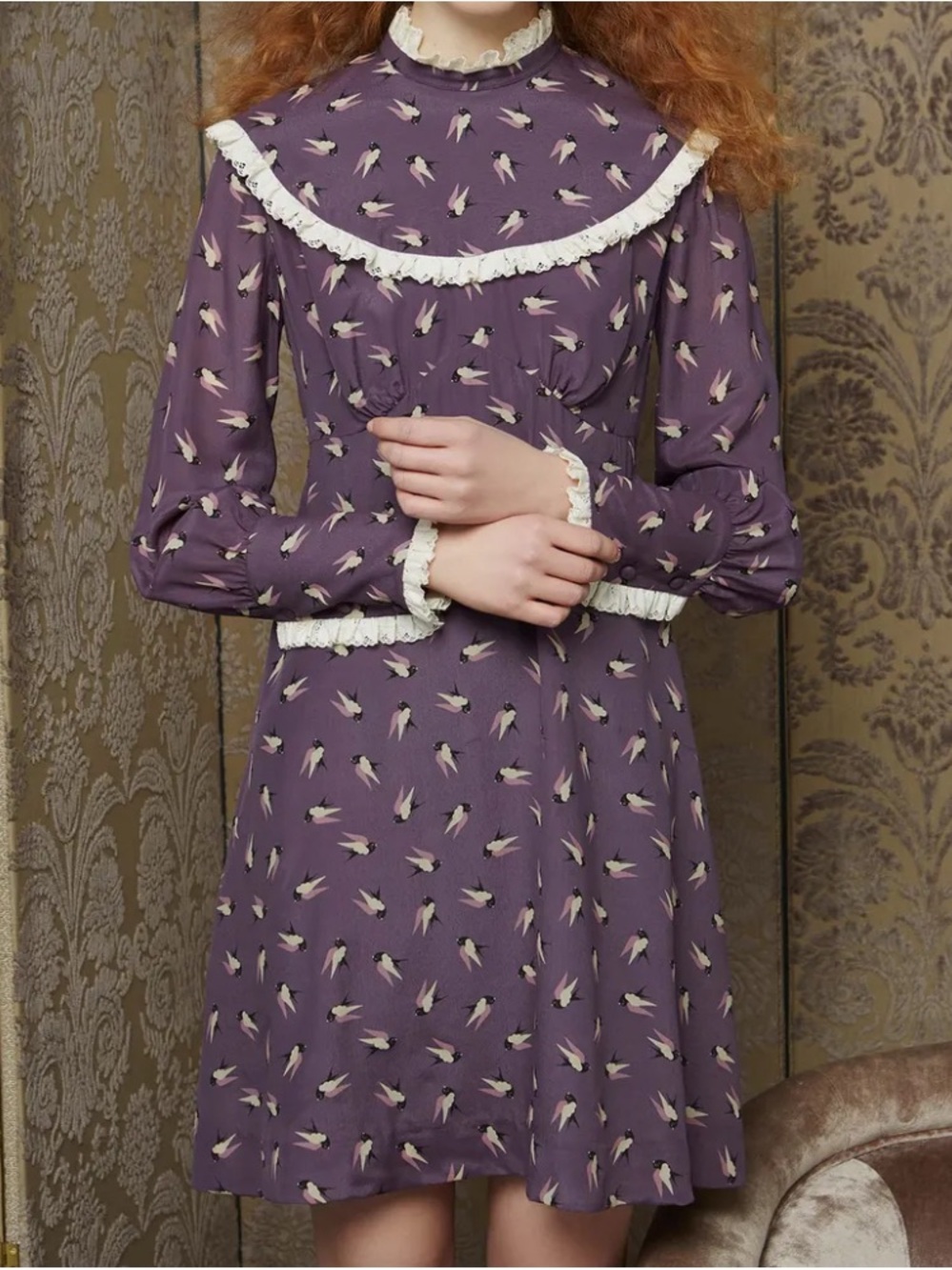 Orla Kiely Lilac Lace Bird Print Yoke Dress Ruffle Size US 4 ASO Alexa Chung